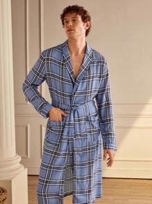 Manfinity Men's Front Tie Long Sleeve Plaid Minimalist Casual Robe - Blue - View 5