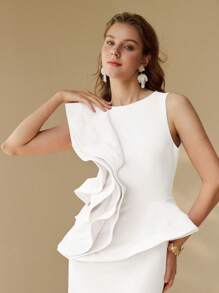 MOTF PREMIUM EXAGGERATE RUFFLE TRIM DRESS WOMEN MIDI DRESSES ELEGANT ELEGANT - White - View 3