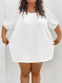 SHEIN CURVE+ Plus Size Women Top With Different Material Splicing,White T-Shirt - White - View 7