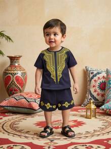 SHEIN 2pcs/Set Baby Boys Casual Traditional Pattern Round Neck Short Sleeve Top & Pants & Hat Set, Suitable For Spring/Summer Home, Outing, Party Wear - Royal Blue - View 14