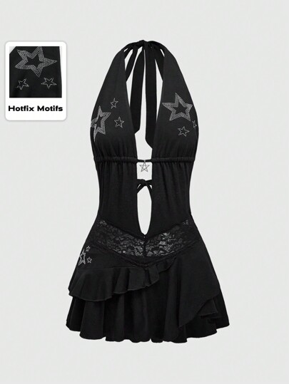 Goth Y2K Sexy Backless Halter Dress With Star Rhinestone Pendant For Women