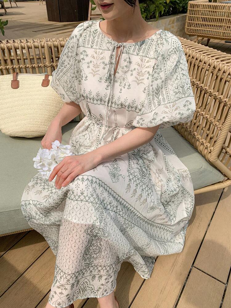 Women's Floral Print Chiffon Elastic Waist Loose Puff Sleeve Dress Vacation Outfits Women Maxi Dress Boho