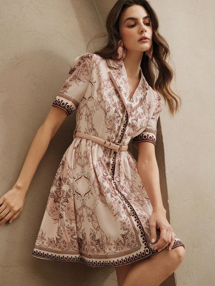 Women's Floral & Retro Pattern Single-Breasted Cinched Waist Waist V-Neck Mini Dress, Elegant Design For Festival, Going Out, Vacation, Boho Spring/Summer