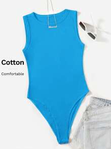 SHEIN EZwear Solid Skinny Bodysuit - Blue - View 6