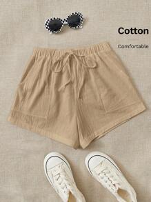 SHEIN EZwear Tie Waist Slant Pocket Shorts - Khaki - View 6