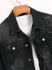 Manfinity LEGND Men's Long Sleeve Single-Breasted Ripped Casual Denim Jacket - Black - View 3