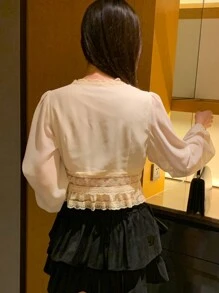 DAZY 1 chiếc áo cánh dài tay cổ chữ V ren tương phản thanh lịch dành cho nữ, áo mùa hè - Màu be - Xem 2