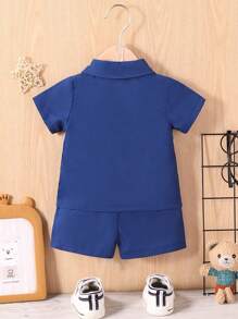 SHEIN 2pcs/Set Infant Baby Boys Spring/Autumn Button-Down Collar Shirt Top And Shorts, Casual Party Outfit, Embroidered Collar Design, Breathable Fabric, Suitable For Summer Ramadan, Vacation, Baptism, Birthday, 6 Months - 3 Years