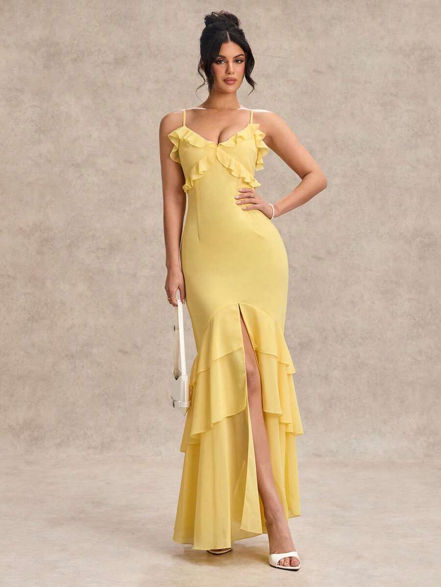 SHEIN BAE Vestido elegante con espalda descubierta, adecuado para boda, dama de honor y baile de graduación, de unicolor, de gasa, con volantes y abertura en la parte delantera, para mujer, para primavera y verano - Amarillo - Ver 1