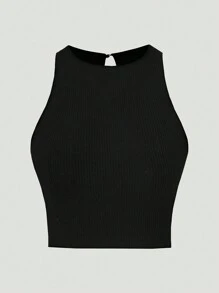 SHEIN Privé Débardeur ajusté noir décontracté et polyvalent avec col rond, boutons de perle au dos - Noir - Voir 7