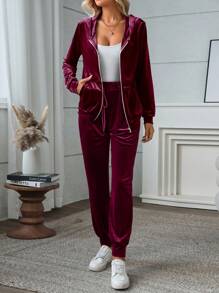 SHEIN LUNE 2pcs/Set Women Casual Hooded Velvet Long Sleeve Outfit, Autumn