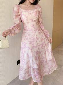 DAZY 女式春季碎花印花腰部 A 字连衣裙、休闲度假/派对装、秋季连衣裙长袖连衣裙 - 粉色 - 查看 1