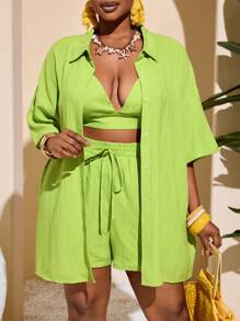 Slaydiva Plus Size 3pcs/Set Casual Vacation Outfit, Including Loose Short Sleeve Shirt, Short Camisole, And Shorts For Women,Holiday Outfits - Green - View 4