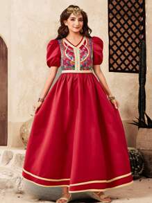 SHEIN 少女优雅复古花卉刺绣泡泡袖长裙 - 酒紅色 - 查看 1