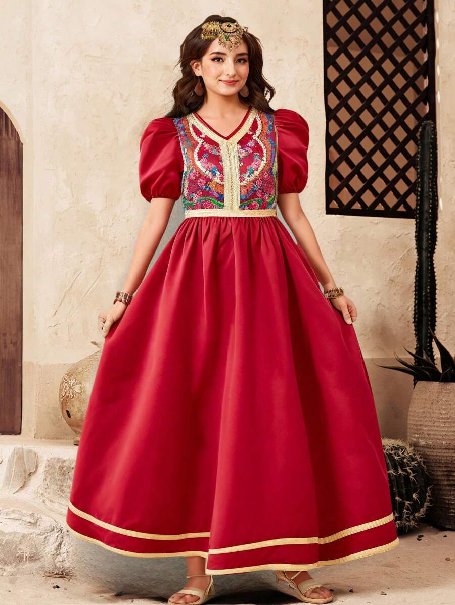 SHEIN 少女优雅复古花卉刺绣泡泡袖长裙 - 酒紅色 - 查看 1