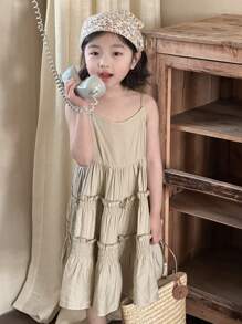 年轻女孩休闲简约风格日常连衣裙，女孩夏季服装 - 綠色 - 查看 2