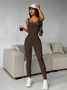 SHEIN EZwear Women's Solid Color Wide Strap Casual Slim Fit Jumpsuit - Coffee Brown - View 3