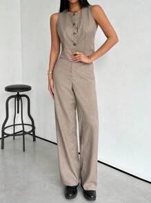 Aloruh 2 件套早春优雅杏色百搭商务通勤西装背心和直腿裤