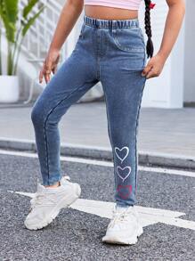 SHEIN Young Girl Y2K Colorful Heart Print Stretchy Denim Snug Fit Pants, Kid Girls Spring And Summer Casual Vacation Hobo Wear