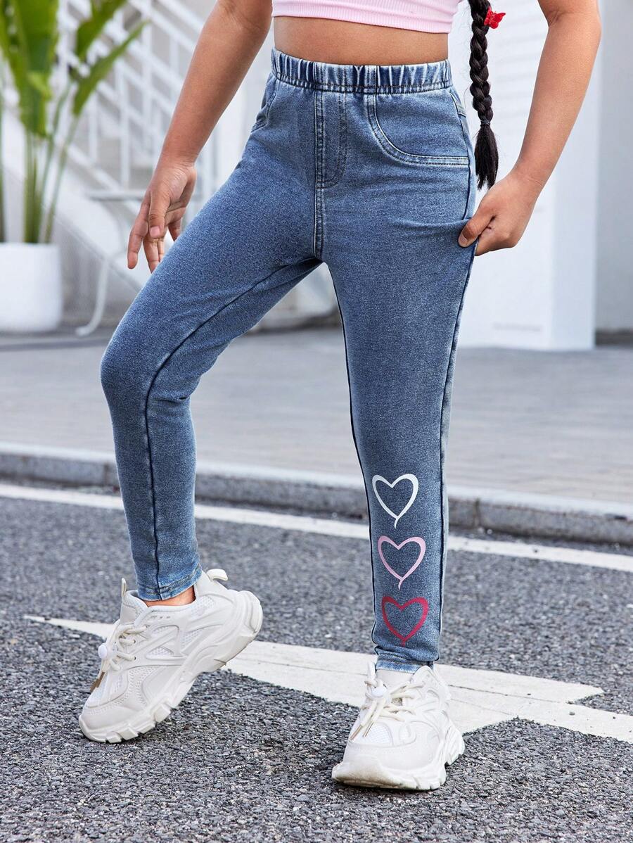 SHEIN Young Girl Y2K Colorful Heart Print Stretchy Denim Snug Fit Pants, Kid Girls Spring And Summer Casual Vacation Hobo Wear
