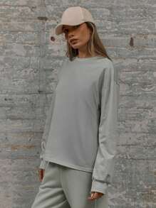 MUSERA Boxy Fit Crew Neck Drop Shoulder Ribbed Cuff Hip Length Sweatshirt Casual Summer Spring - Grey - View 2