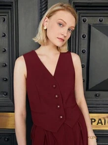 BizChic 女式 V 领纽扣前无袖背心基本款上衣，都市通勤简约时尚基本款商务休闲外套上衣，秋冬办公室穿着 - 酒紅色 - 查看 4