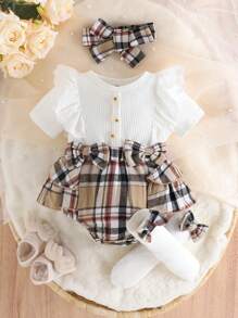 Baby Mädchen Sommer Lässig Süß einfarbig weiß Kurzarm Streifen Patchwork Khaki Karomuster Romper mit Rüschen am Ausschnitt, kombiniert mit Socken und Stirnband