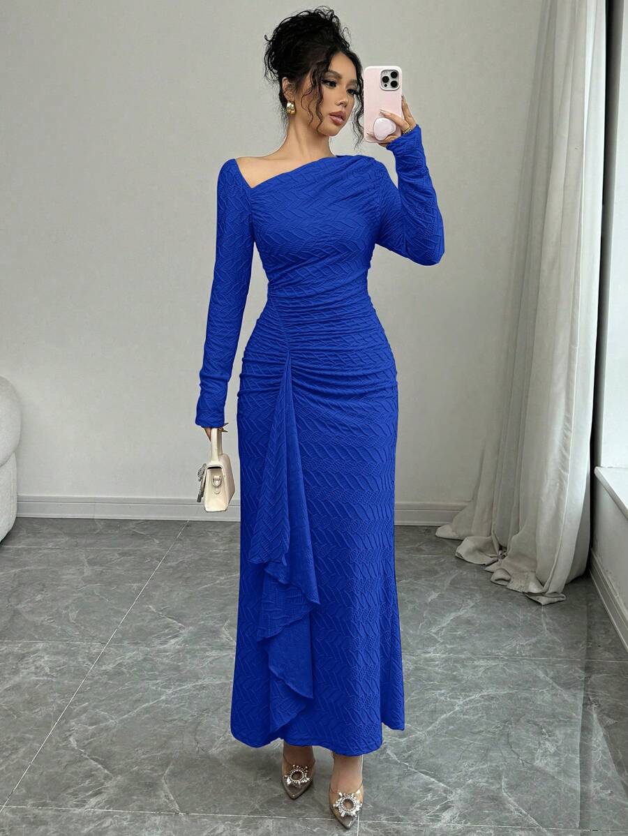 Elenzga Đầm Maxi Ôm Body Dệt Kim Họa Tiết Thanh Lịch Cho Nữ Đi Làm Đi Làm, Tay Dài, Cổ Bất Đối Xứng, Eo Nhún, Quyến Rũ - Xanh đậm - Xem 1