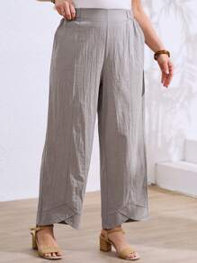 SHEIN LUNE Plus Size Women's Plain Grey Pants,Textured Linen-Like Fabric,Asymmetrical Criss-Cross Design,Elastic Waist,Smart Casual Autumn Vacation Clothes - Grey - View 3