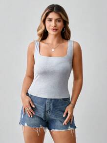 SHEIN BASICS Plus Size Solid Color Sleeveless Crew Neck Fitted Knit Tank Top - Light Grey - View 5