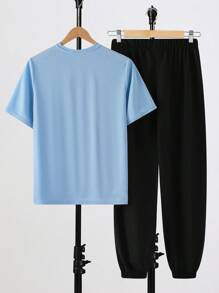 SHEIN 2 件套青少年男孩休闲简约字母印花圆领套头衫，适合夏季、运动、跑步， - 淺藍色 - 查看 2