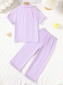 Tween Girls Casual Solid Color Kimono Cardigan With Lace Trim & Solid Color Pants With Lace Hem, Comfortable 2 Pieces Loungewear Set - Mauve Purple - View 2