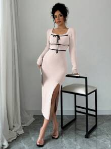 Calvaya Nuevo estilo de vestido suéter elegante y sexy con cuello cuadrado, abertura y cordón ajustable para mujer