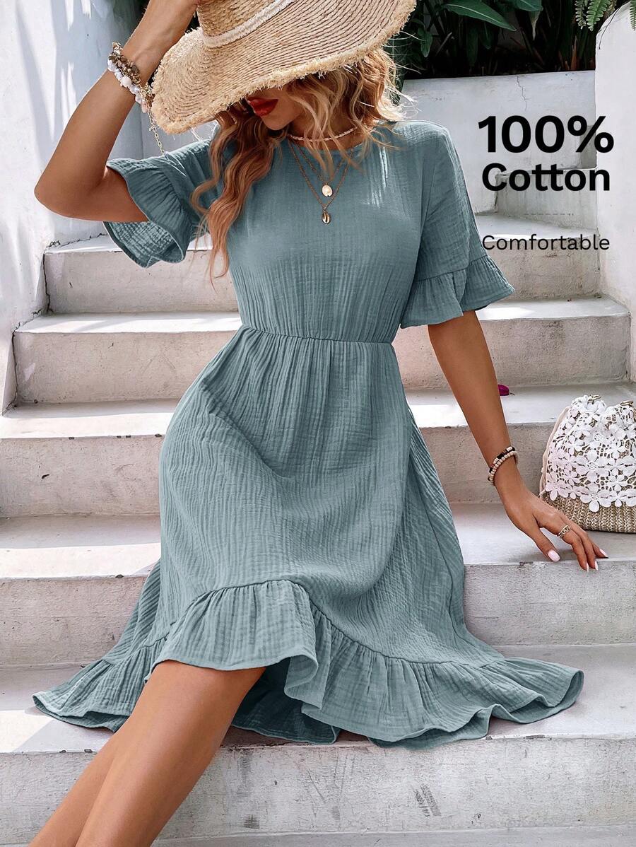 EMERY ROSE Flare Sleeve Ruffle Hem Dress - Dusty Blue - View 1