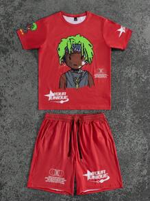 Manfinity Roghcode Manfinity Streetrush Men's Letter & Figure Graphic Round Neck Short Sleeve T-Shirt And Drawstring Waist Shorts Set, Casual - Multicolor - View 4