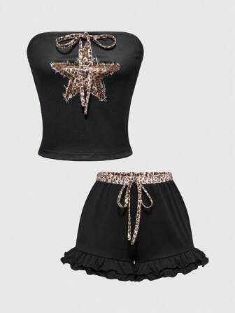 Goth Conjunto de pijama de top de tirantes con volantes en el dobladillo y pantalones cortos con estampado de leopardo y estrellas en estilo punk oscuro