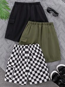2pcs/Set Tween Boy Casual Conservative Classic Plaid/Solid Color Patch Pocket Loose Woven Shorts Outfit, 3 Designs, Suitable For School, Garden, Beach, Birthday, Spring/Summer/Autumn/Winter