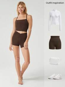 GLOWMODE FeatherFit™ T-Neck Racerback Tank Top Light Support Low Impact Yoga Studio Fall Winter - Cinnamoninspiration - View 6