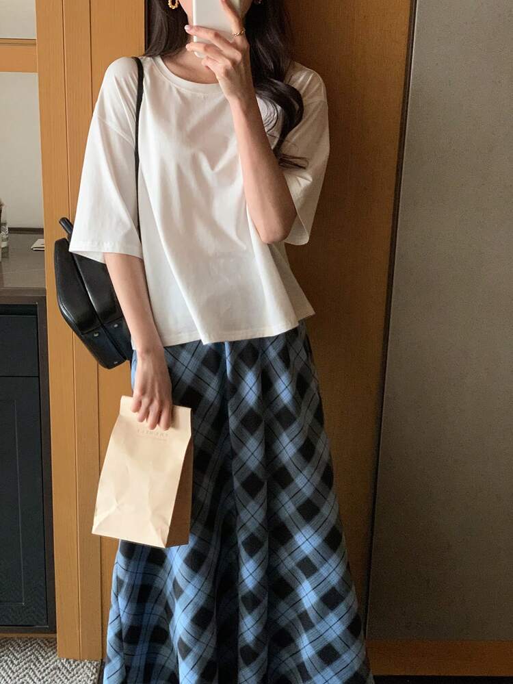 2pcs/Set Women Solid Color Loose Top And Plaid A-Line Skirt Set Summer