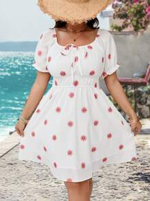 SHEIN VCAY Große Größen weißes besticktes Kleid mit quadratischem Ausschnitt, Puffärmeln und geraffter Taille, Alinien-Minirock, romantisches Urlaubsparty-Kleid, Sommeroutfit für Damen, Strand, Sommerkleidung für Damen, St. Patricks Day Outfit, Frühlingsoutfit für Damen, romantische Kleider, Brautgastkleid für Damen, Sommerkleid