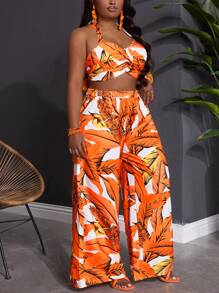 SHEIN CURVE+ Plus Size 3 Pieces Set Women's Loose Tropical Plant Pattern Beach Vacation Outfit - Orange - View 6