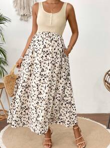 SHEIN Maternity Solid Color Splice Front Button Pocket Casual Dress - Apricot - View 1