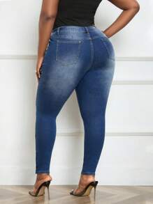 SHEIN EZwear Plus Size Sexy Slim Fit Ripped Denim Jeans, Blue - Medium Wash - View 5