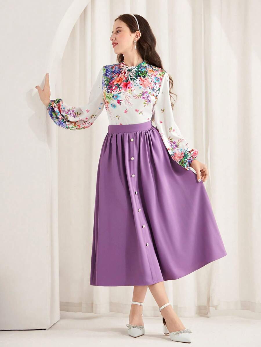 SHEIN Teen Girl 2 Pieces Outfit: Floral Print Long Sleeve Shirt With Decorative Buttons And Waist-Cinching A-Line Skirt, Elegant And Suitable For Spring/Summer - Purple - View 1