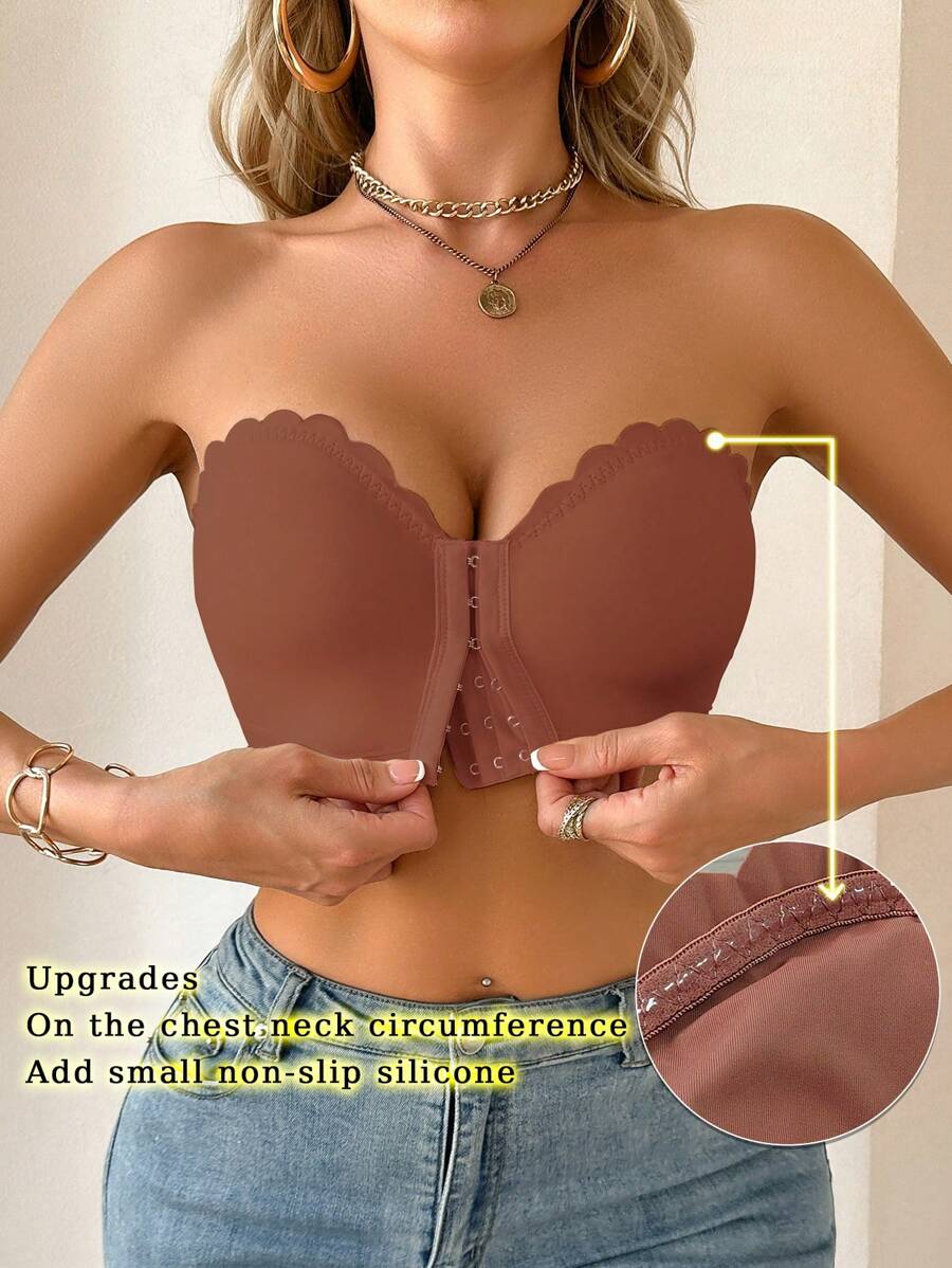 Women's Front Closure Ruffled Padded Bra With Detachable Cups - Coffee Brown - View 1