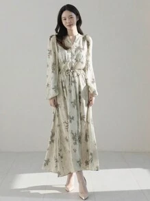 DAZY SHEIN X Hannahelzahed 女士优雅提花图案中长度假连衣裙 - 米色 - 查看 7