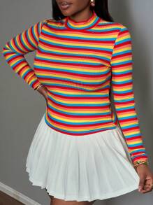 Slaydiva Casual Ribbed Navy Pink Turtleneck Long Sleeve Ribbed Bodycon Women Tee - Orange - View 6