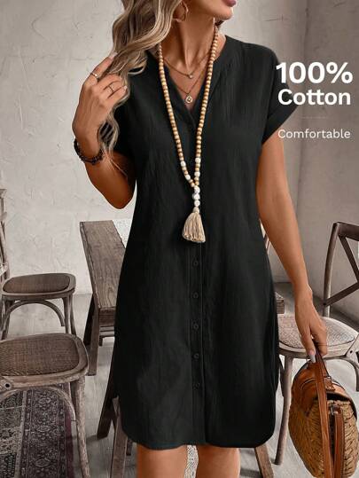 EMERY ROSE Kvinnors Casual Enfärgad V-hals Dolman Sleeve Enkelknäppt rak klänning, sommar