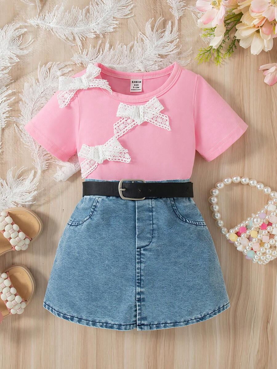 Ensemble de 2 pièces, T-shirt rose et jupe en jean bleu clair avec décoration de nœud en dentelle, élégant et doux, pour bébé fille, tenue d'été - Rose bonbon - Voir 1