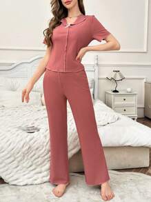 女士休闲针织星形罗纹提花领短袖上衣和长裤睡衣套装 - 藕粉色 - 查看 7